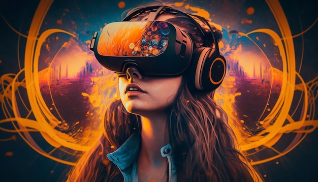 Explorando o metaverso uma jovem usa um fone de ouvido VR para navegar em um mundo virtual Generative ai