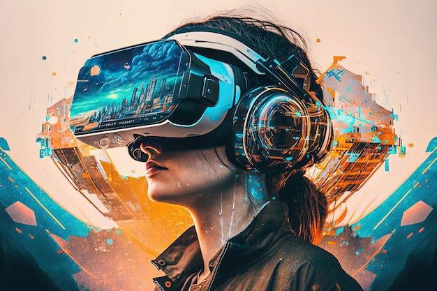 Explorando o metaverso VR Headset em um mundo virtual futurista IA geradora de tecnologia