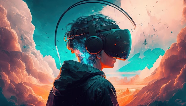 Explorando o metaverso VR Headset em um mundo virtual futurista IA geradora de tecnologia