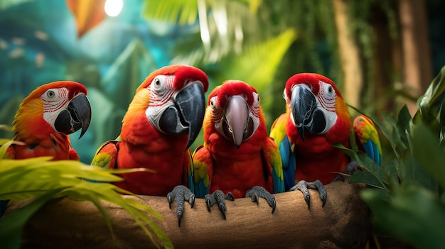Explorando os encantadores filhotes de papagaio-arara da floresta tropical em seu habitat lúdico