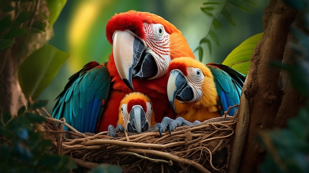 Explorando os encantadores filhotes de papagaio-arara da floresta tropical em sua família lúdica de habitat