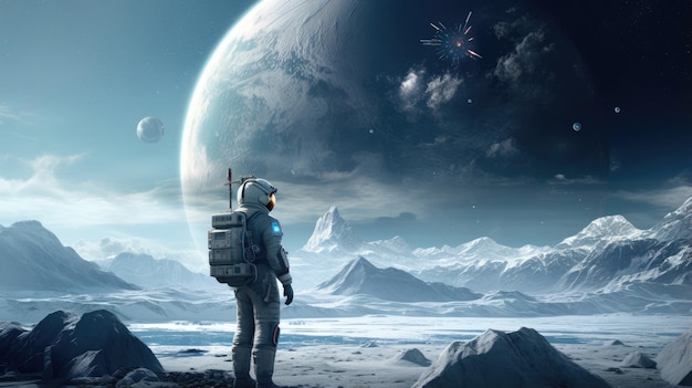 Explorando el paisaje lunar Astronauta con casco en medio de montañas nevadas y cielo nocturno estrellado