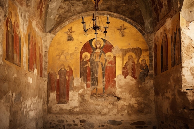 Foto explorando la pared de la capilla bizantina con fresco dorado y escritura griega ar 3