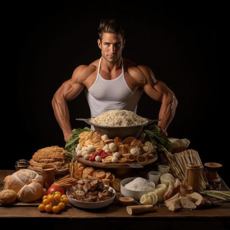 Explorando placas ricas en energía con ángulos dramáticos, pastas ricas en textura, accesorios de fitness y fuentes de carbohidratos acentuadas en una composición dinámica con efecto de foco.