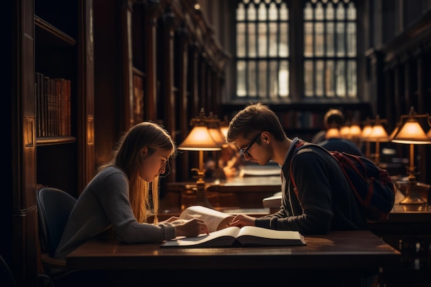 Explorando las profundidades del conocimiento Dos estudiantes inmersos en el aprendizaje en una biblioteca universitaria