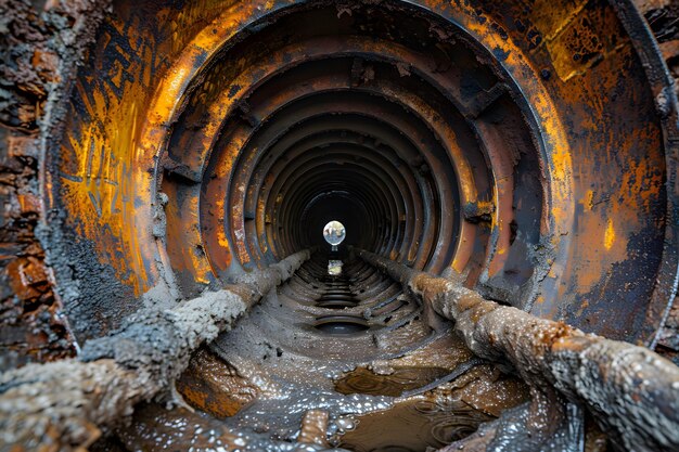 Explorando las profundidades Una vista dentro de una tubería oxidada