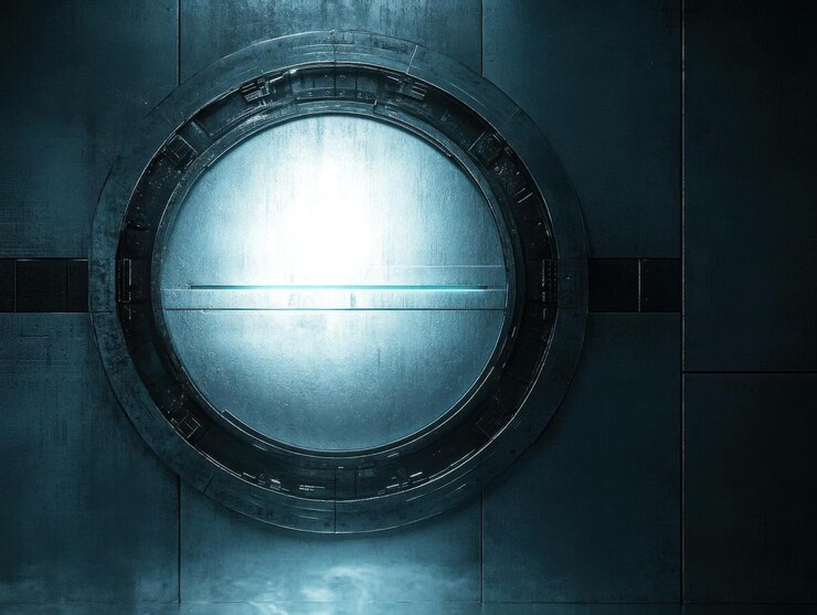 Explorando una puerta metálica futurista Diseño interior de una nave espacial de ciencia ficción