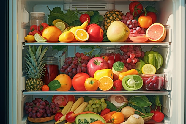 Explorando un refrigerador abierto lleno de frutas frescas Generative By Ai