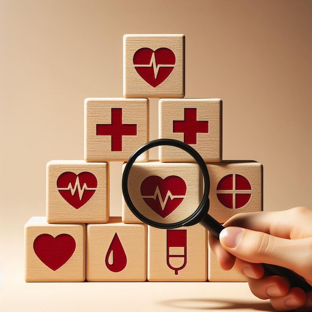 Explorando los símbolos médicos Una vista de cerca de los íconos de la salud en bloques de madera