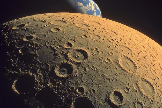 Explorando la superficie lunar con la Tierra visible en el fondo al anochecer AI generativa
