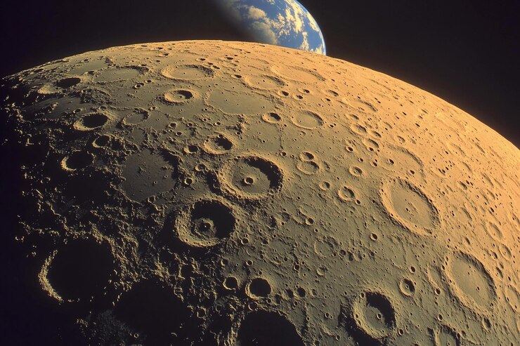 Explorando la superficie lunar con la Tierra visible en el fondo al anochecer AI generativa
