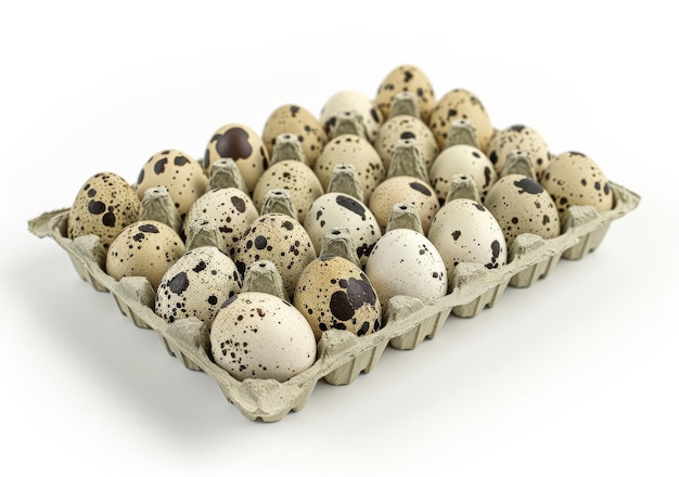 Explorando uma caixa de ovos de codorniz em fundo branco