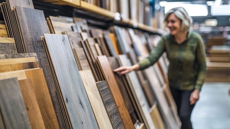Explorando una variedad de opciones de pisos de madera en una tienda de mejoras para el hogar