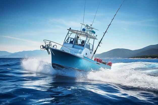 Foto explorando el vasto mar azul panorámico con cañas y carretes para la pesca en barco y la arrastre