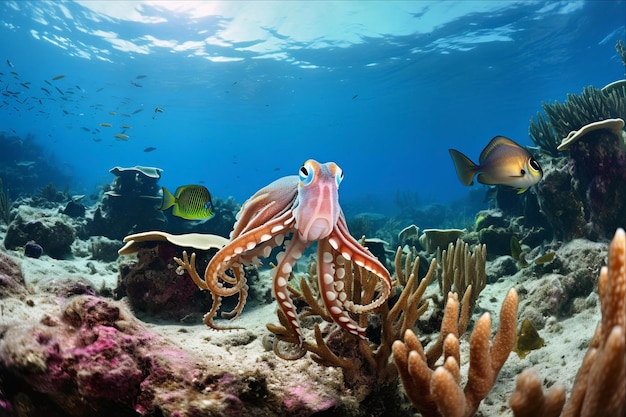 Foto explorando el vibrante arrecife de coral un paisaje marino con coral de calamar de arrecife y esponjas en el mar caribe