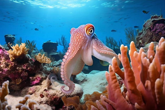 Foto explorando el vibrante mundo submarino un cautivador paisaje marino con coral de calamar de arrecife y esponjas en