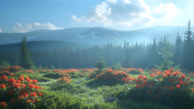 Foto explorando los vibrantes campos de rododendros de los cárpatos parque nacional chornohora ucrania concepto fotografía de viajes por la naturaleza aventura ucrania