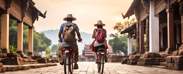 Foto explorar los antiguos templos de chiang mai y los mercados de artesanos en bicicleta una aventura de ocio para backpa
