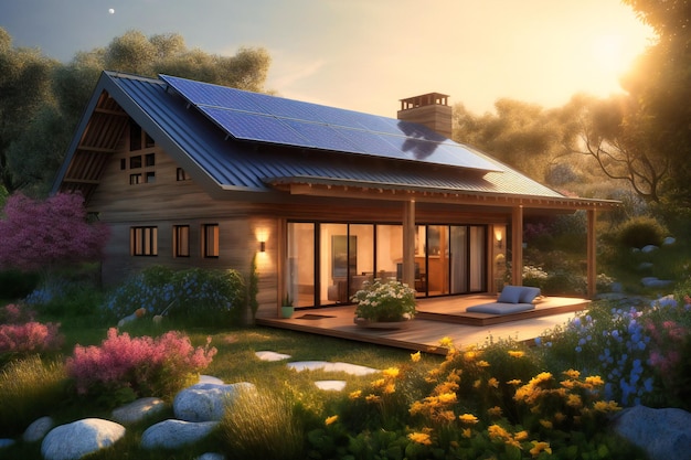 Explore el ambiente acogedor y acogedor de una casa moderna con paneles solares y una exuberante vegetación