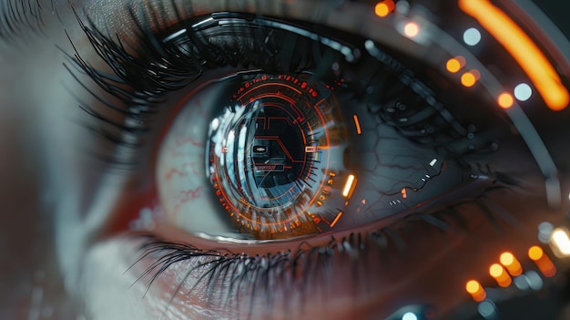 Explore un ángulo dramático a nivel del ojo capturando tecnologías futuristas que encarnan emociones de terror en una representación fotorrealista digital