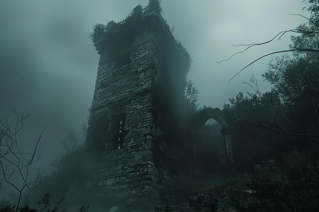 Explore as ruínas assombradas de uma torre medieval.