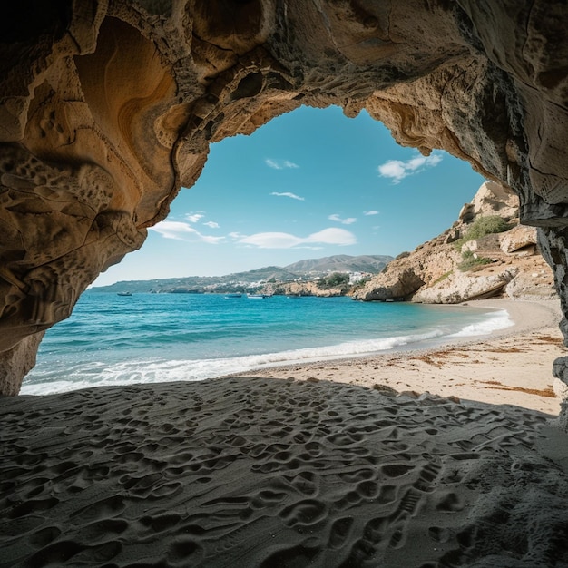 Foto explore las cuevas de la playa de matala una impresionante vista de la costa desde el interior de la cueva