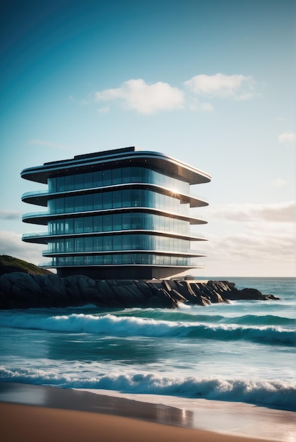 Foto explore el diseño futurista de un edificio frente al mar con arquitectura elegante y corte