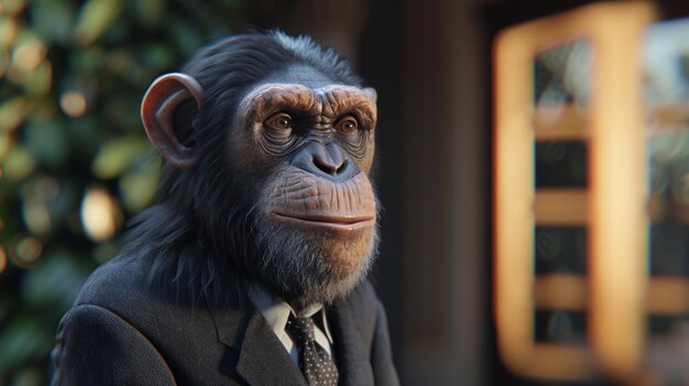 Explore la elegancia de la moda antropomórfica mientras un chimpancé refinado se viste con un traje sofisticado y una corbata de buen gusto que encarna una cautivadora mezcla de encanto humano y gracia animal.