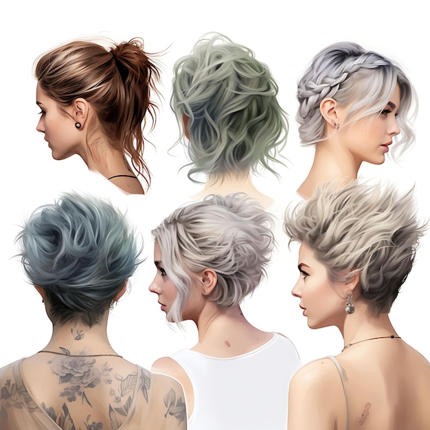 Explore estilos de cabelo impressionantes Design para mulheres Ilustração de conceito Aquarela Clipart Ideias de conceito