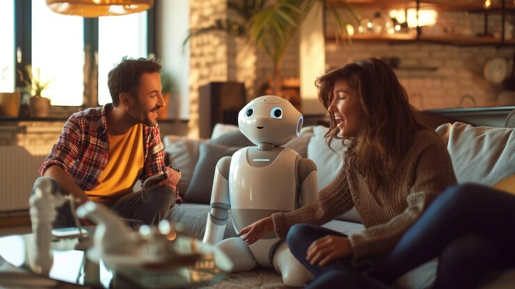 Foto explore la interacción de las familias con la tecnología y los robots en un entorno de sala de estar moderno aig62