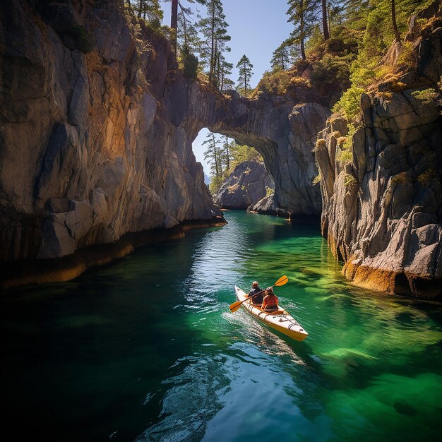 Foto explore un lago rocoso en barco