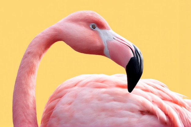 Explore os detalhes intrincados de um flamingo rosa contra um fundo amarelo radiante nesta foto atraente gerada por IA