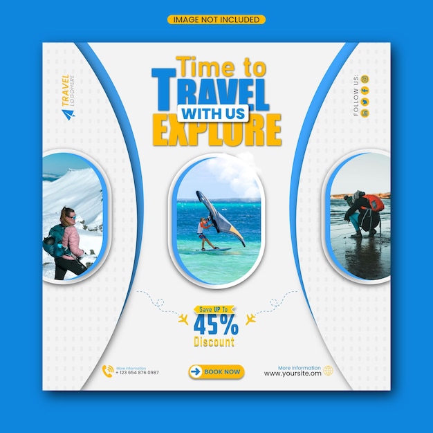 Explore la plantilla de diseño de volante cuadrado de banner web de publicación de redes sociales de viajes creativos modernos del mundo