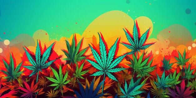 Explore um conceito vibrante de anúncio de cannabis em um cenário colorido com espaço para sua mensagem