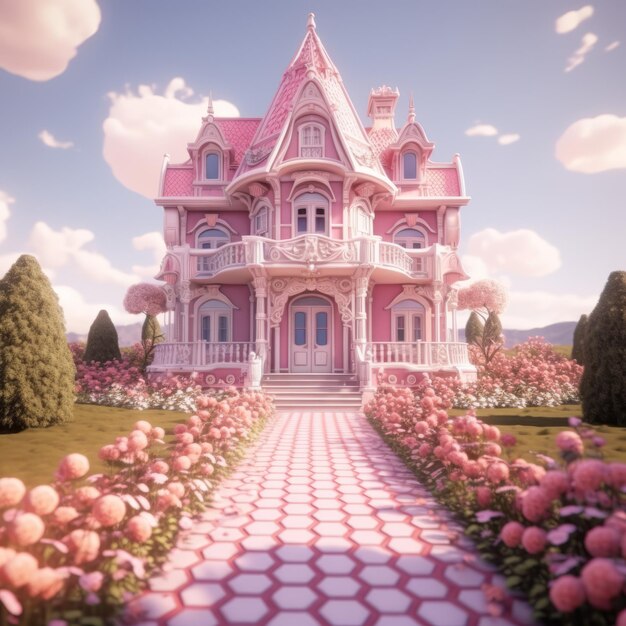 Explore uma charmosa casa de campo rosa cercada pela serenidade Generative AI