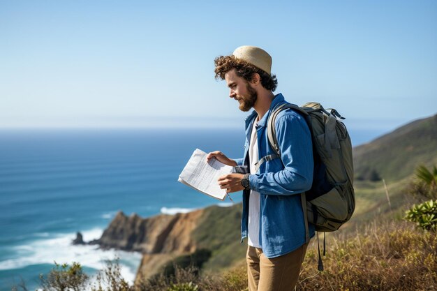 Foto explorer's gaze junge wanderer mit karte gegen den blauen ozean