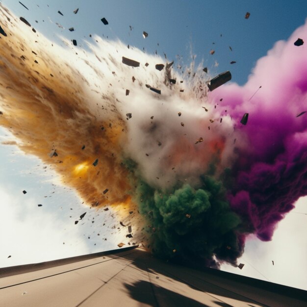 explosão arafada de fumaça colorida e pedras em uma rodovia generativa ai