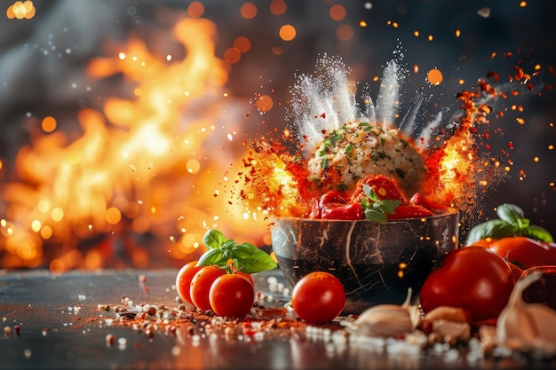 Explosão ardente de sabores Espaguete quente com manjericão e tomate em cena de ação dinâmica de cozinha