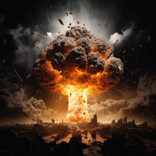 Explosão atômica de uma bomba nuclear com uma nuvem de poeira radioativa em forma de cogumelo Uma premonição de guerra nuclear