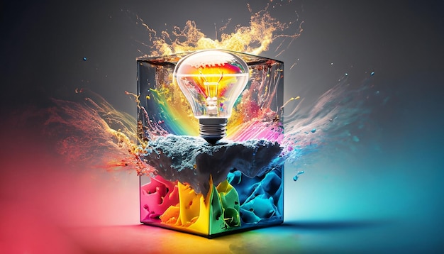 Explosão colorida artística de lâmpada eureka em um vidro Generative AI