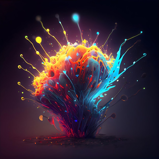 Explosão colorida com partículas na ilustração 3D de fundo escuro