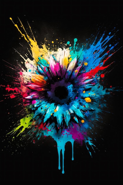 Foto explosão colorida de tinta salpicada em fundo preto com fundo preto generative ai