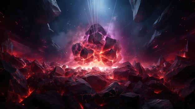 Explosão cósmica luz de néon fumaça espessa queima pedra raio laser néon vermelho generativo Ai
