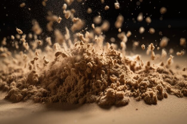 Explosão de areia em close mostrando os detalhes e texturas de grãos individuais