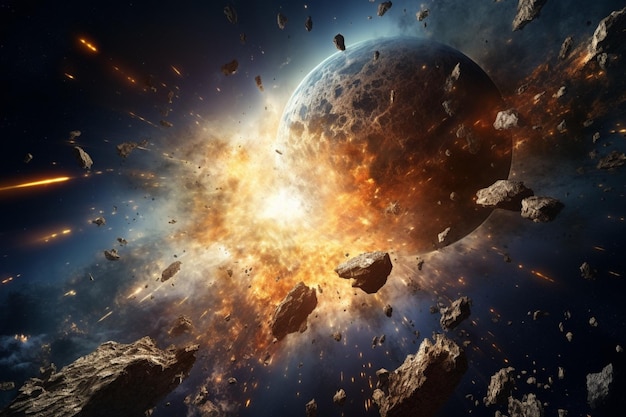 Explosão de asteróide enquanto em órbita no conceito de scifi da galáxia