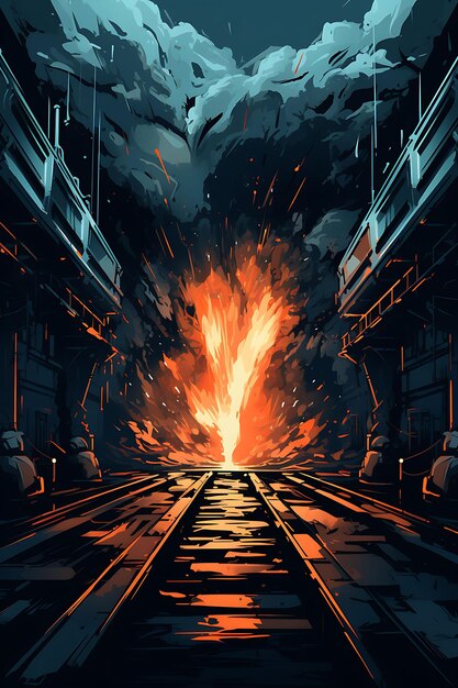 Explosão de bomba em uma estação de metrô Dark and Moody Colo Poster Design 2D A4 Ideias criativas