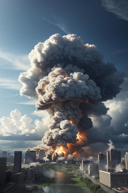 Explosão de bomba nuclear sobre a cidade com nuvem de cogumelo
