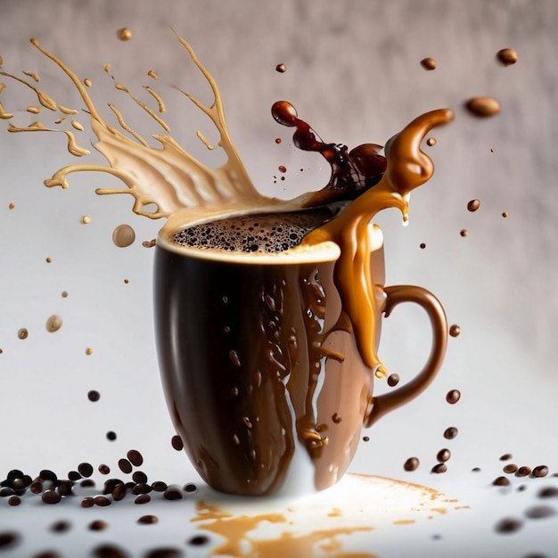 Explosão de café com uma chávena e grãos