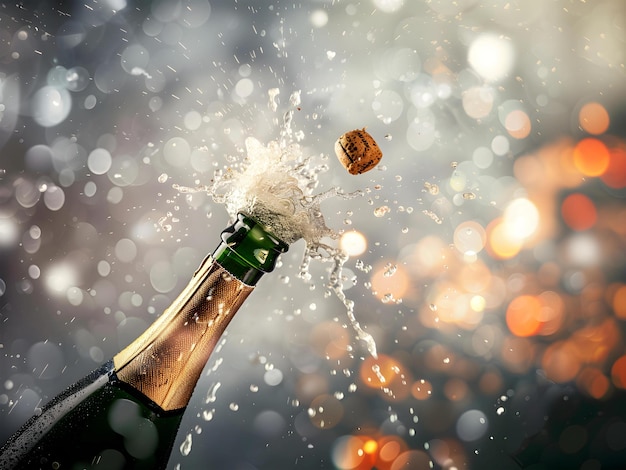 Explosão de champanhe com fechamento de cortiça voadora abrindo a garrafa de champanha em close-up tema de celebração