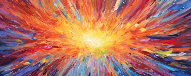 Explosão de cores vivas irradiando de um ponto central criando um panorama abstrato de explosão